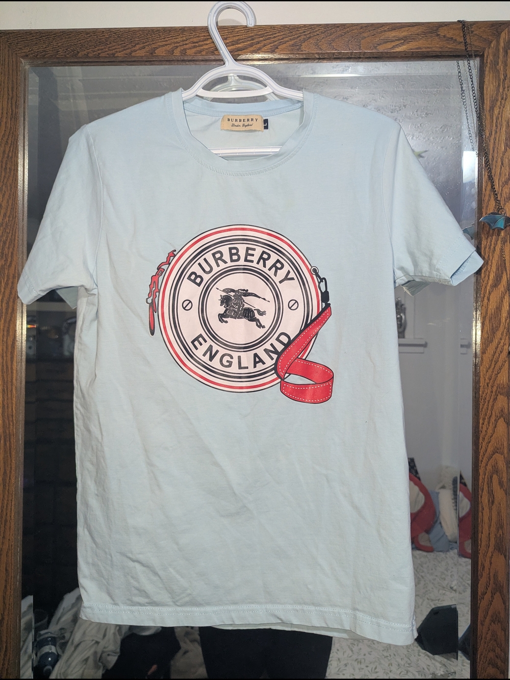 Burberry Light Blue Short Sleeve Tee with Red Ribbon Logo